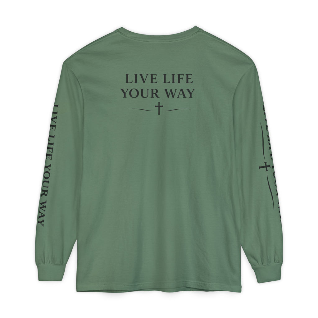 Camiseta de manga larga para hombre, "Vive la vida a tu manera", letras negras