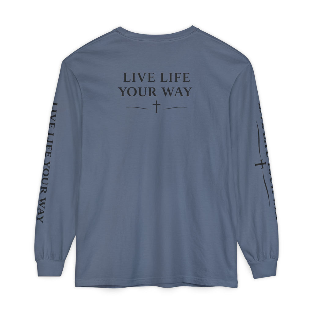 Camiseta de manga larga para hombre, "Vive la vida a tu manera", letras negras