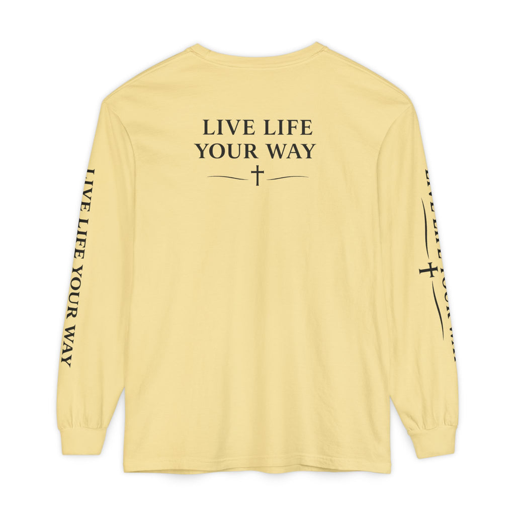 Camiseta de manga larga para hombre, "Vive la vida a tu manera", letras negras
