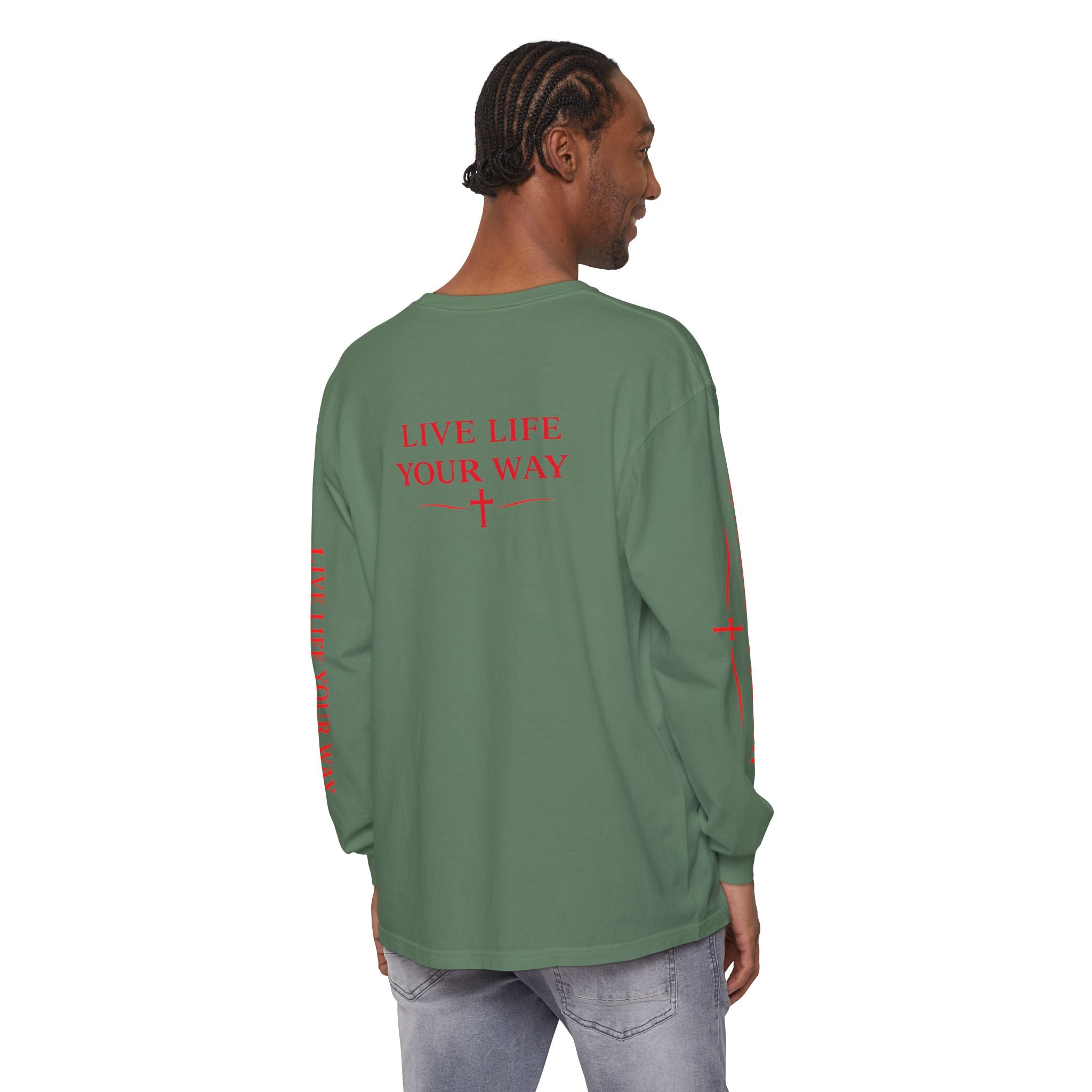 Camiseta de manga larga para hombre, Vive la vida a tu manera, Letras rojas