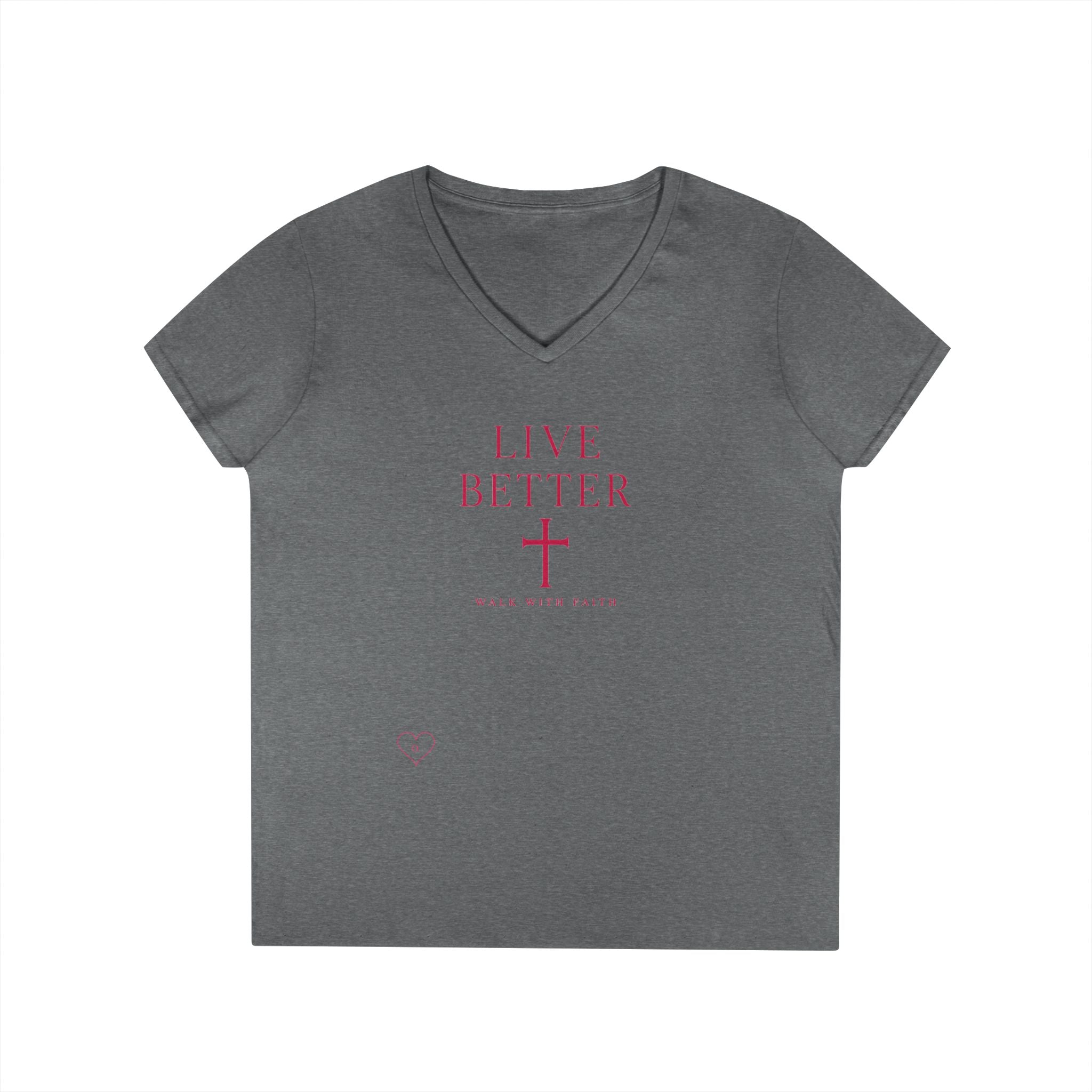 Camiseta de cuello de pico para mujer "Vive mejor, camina con fe" — Camiseta cristiana inspiradora femenina con cruz