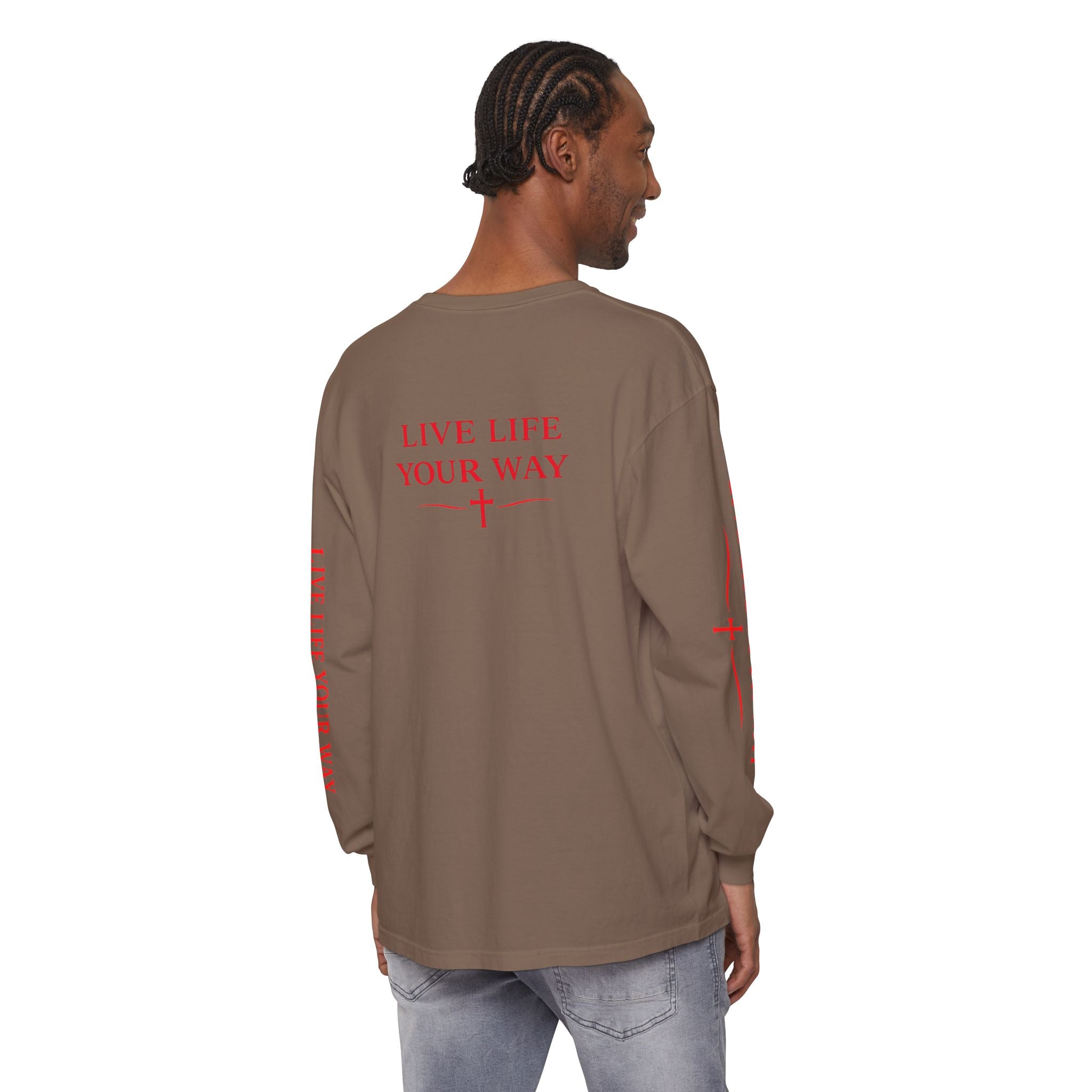 Camiseta de manga larga para hombre, Vive la vida a tu manera, Letras rojas