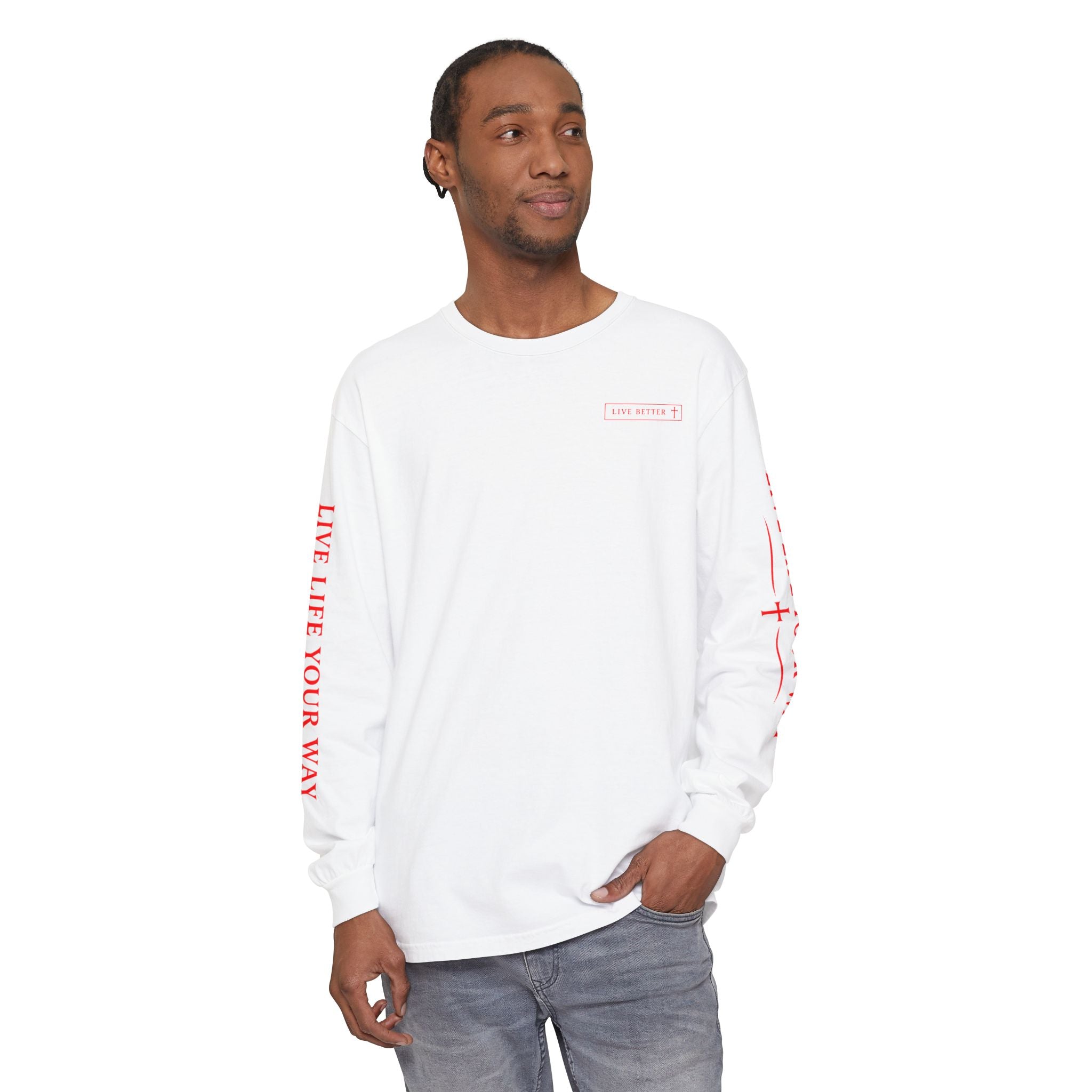 Camiseta de manga larga para hombre, Vive la vida a tu manera, Letras rojas