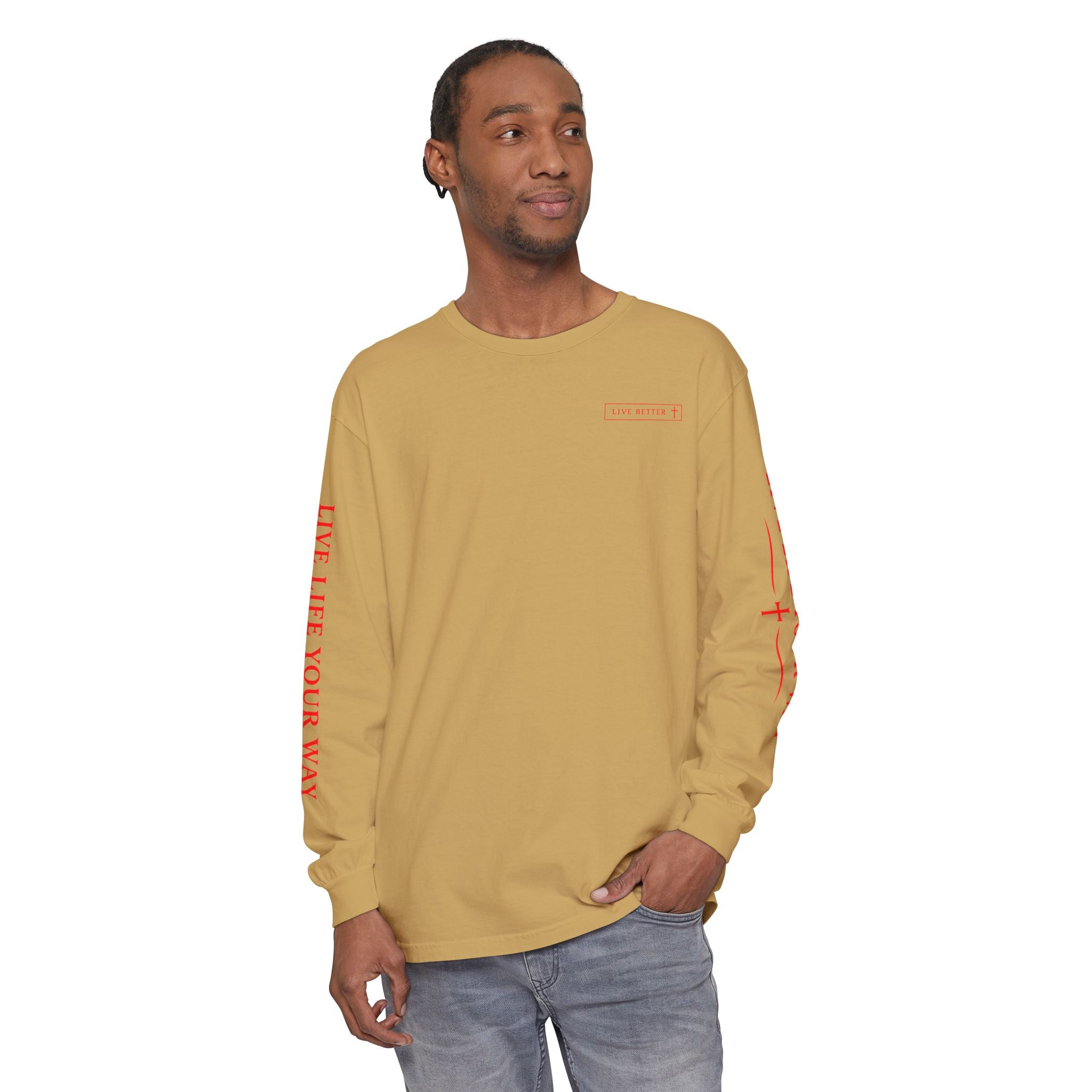 Camiseta de manga larga para hombre, Vive la vida a tu manera, Letras rojas