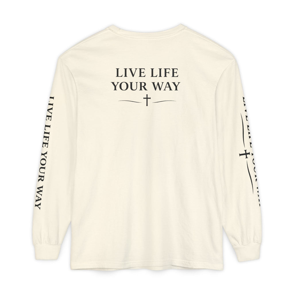 Camiseta de manga larga para hombre, "Vive la vida a tu manera", letras negras