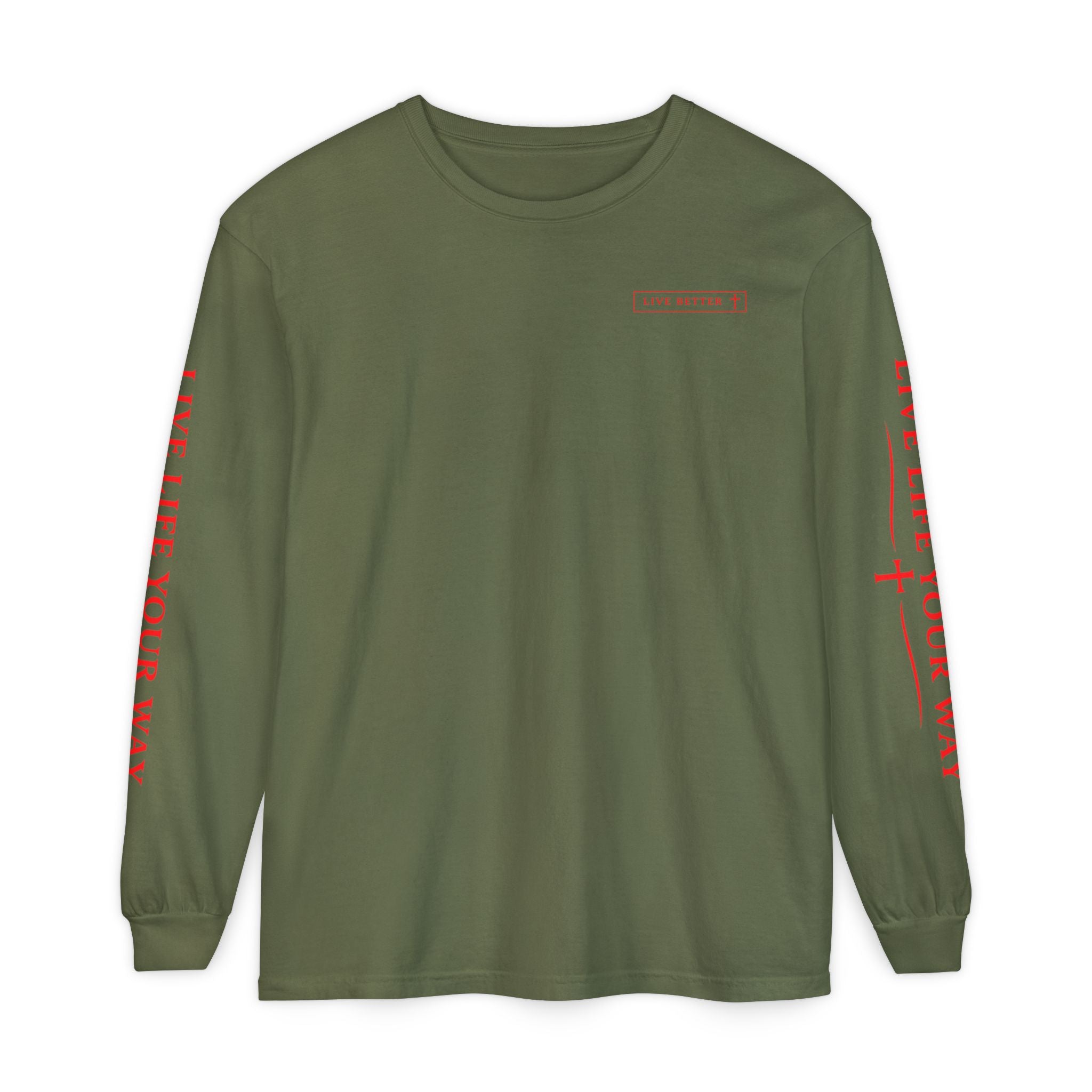 Camiseta de manga larga para hombre, Vive la vida a tu manera, Letras rojas