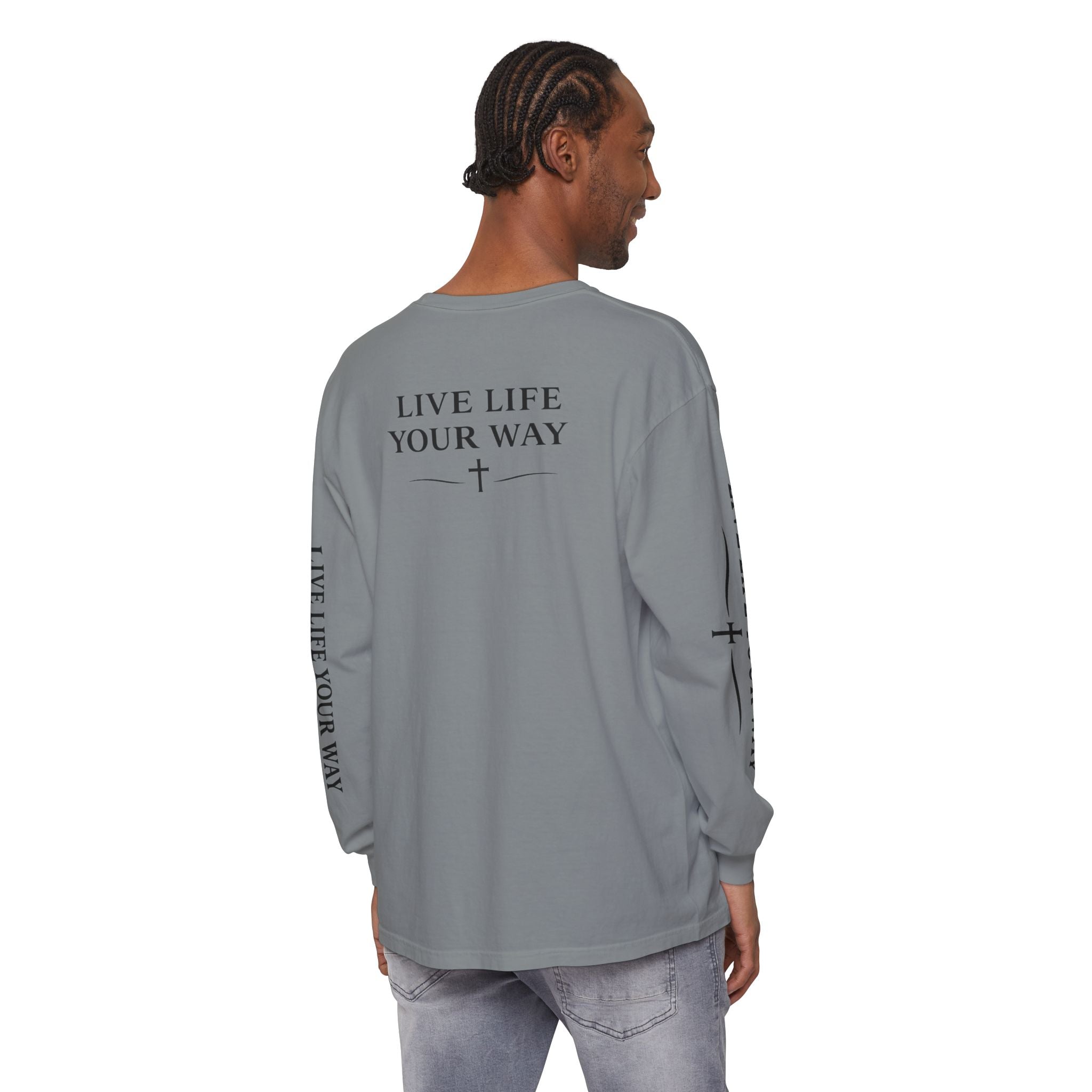 Camiseta de manga larga para hombre, "Vive la vida a tu manera", letras negras