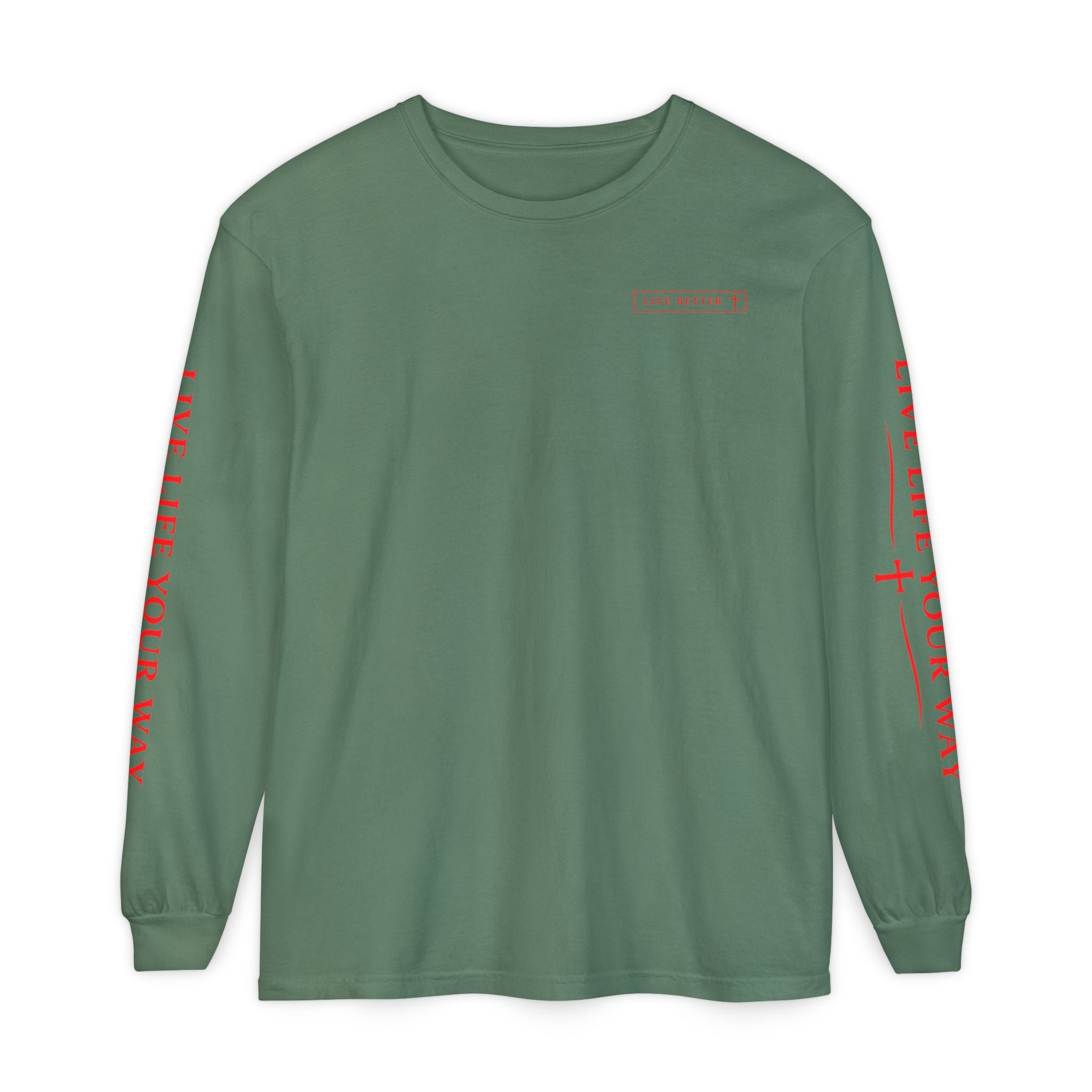 Camiseta de manga larga para hombre, Vive la vida a tu manera, Letras rojas