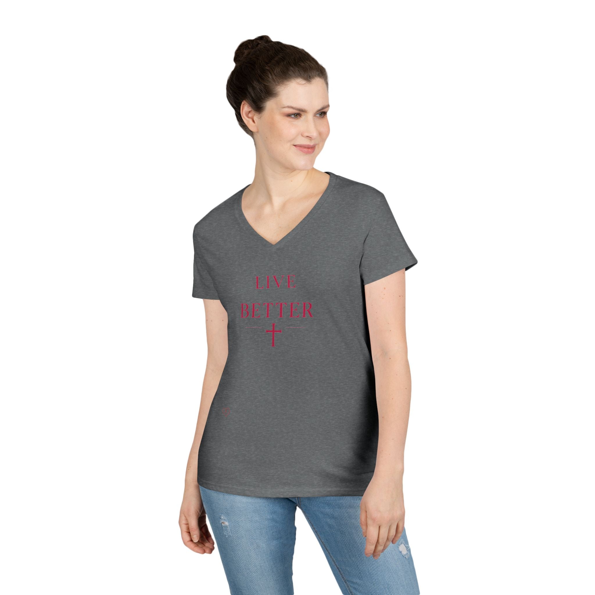 Camiseta con cuello en V "Vive Mejor" para mujer — Camiseta cristiana inspiradora femenina con cruz