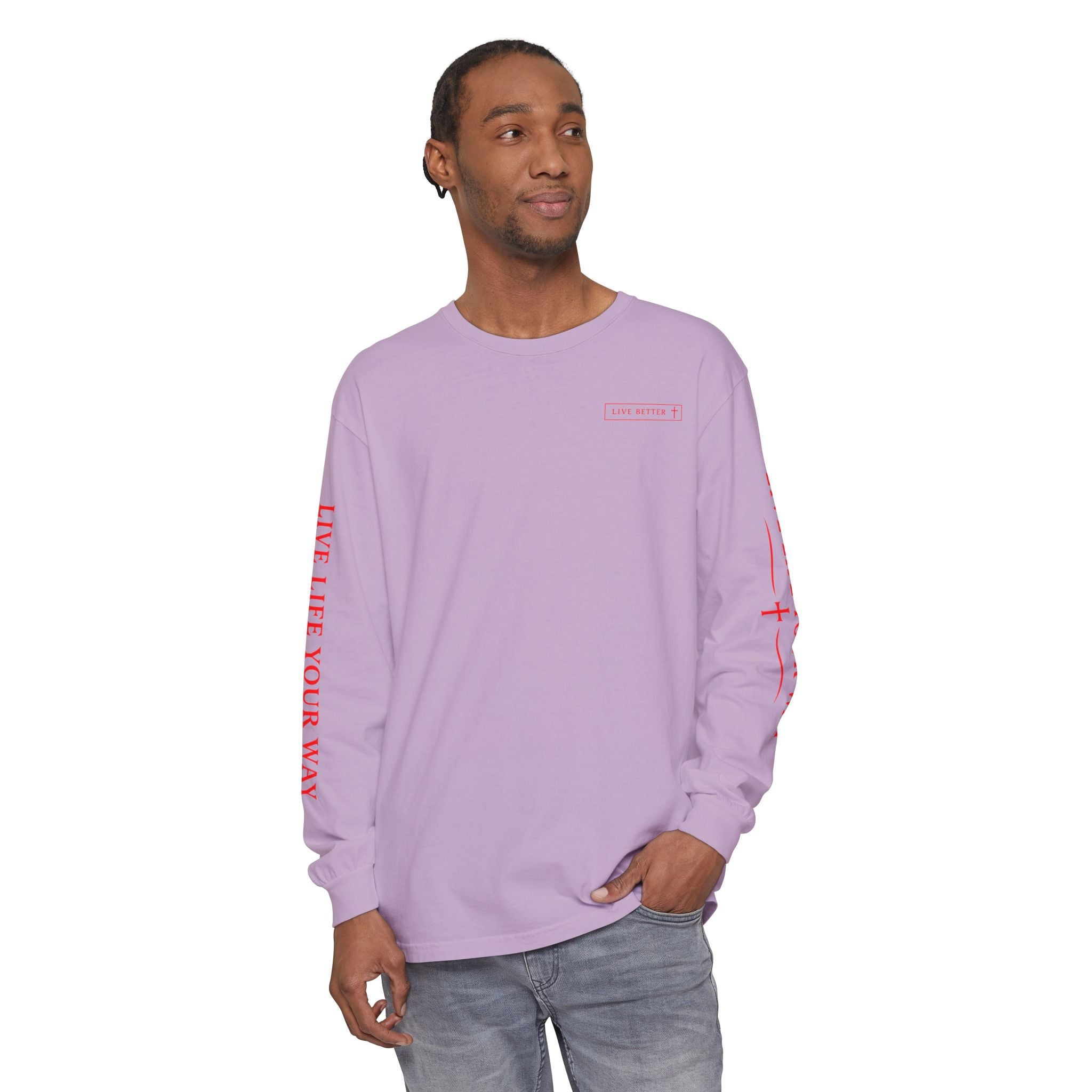 Camiseta de manga larga para hombre, Vive la vida a tu manera, Letras rojas