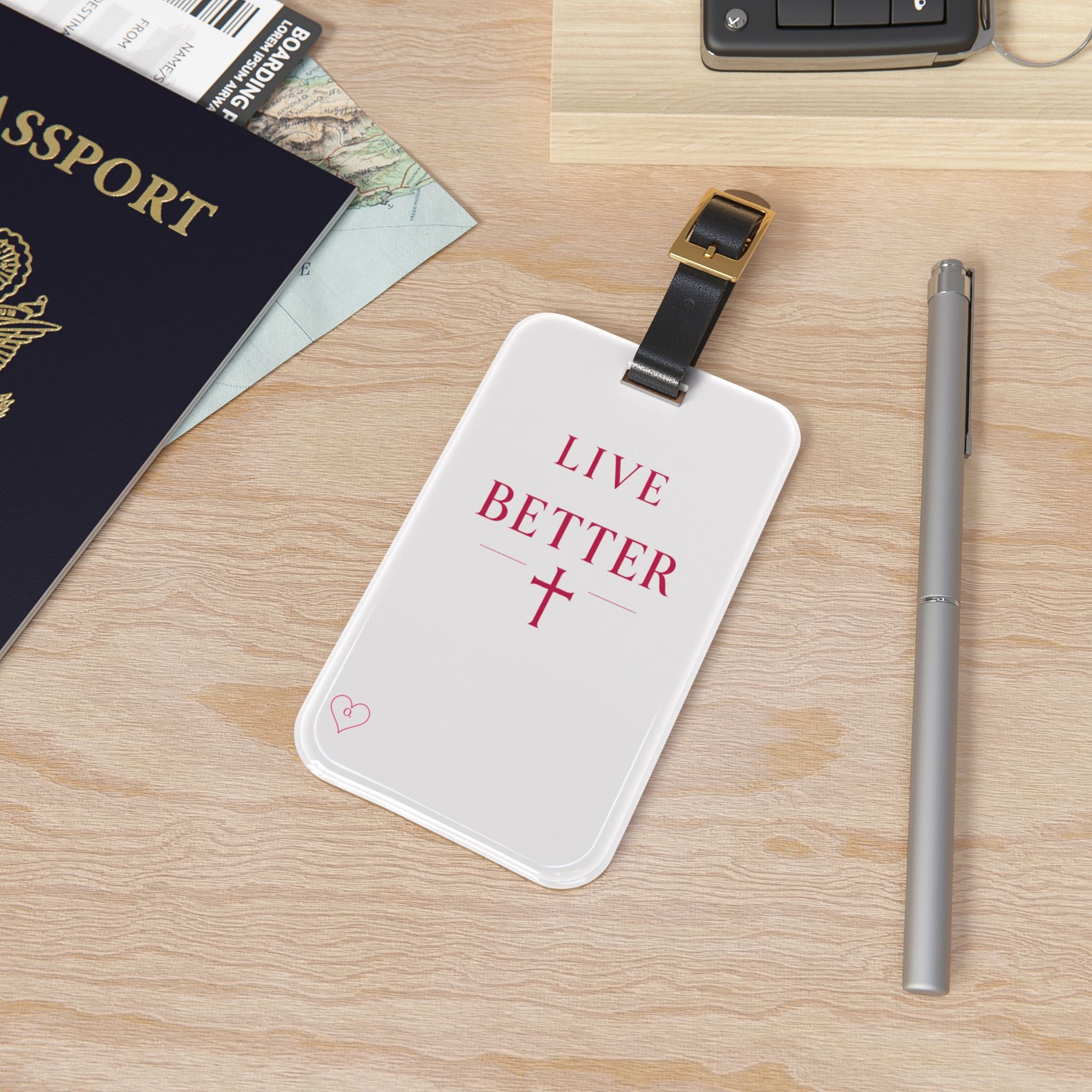 Etiqueta de equipaje Vive Mejor — Identificación de viaje inspiradora con diseño de cruz