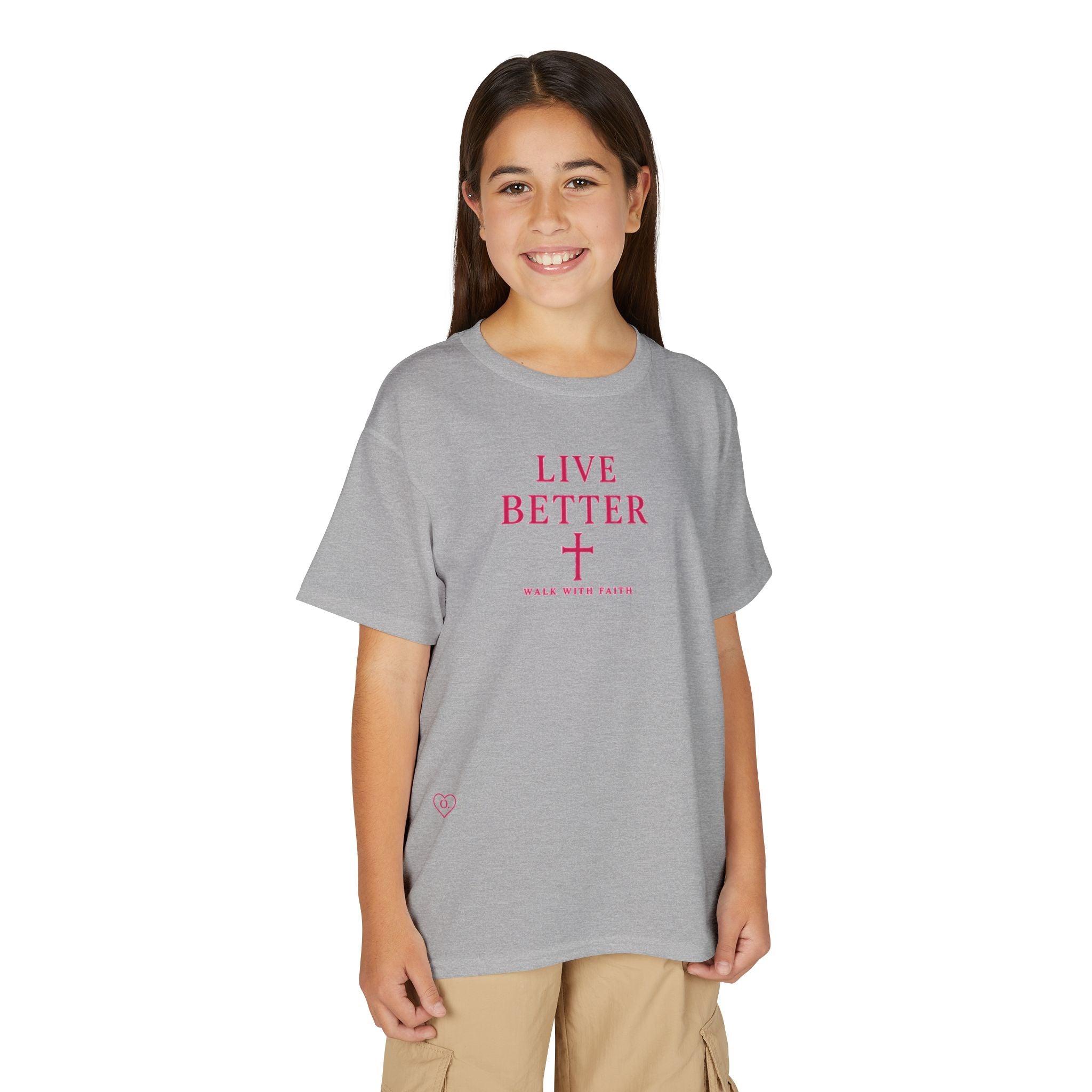 Camiseta juvenil — "Vive mejor, camina con fe" - Camiseta rosa con el lema "Fe"