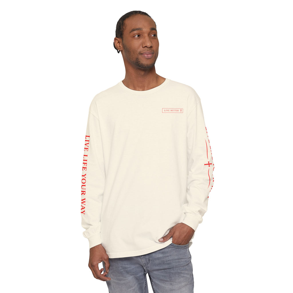 Camiseta de manga larga para hombre, Vive la vida a tu manera, Letras rojas
