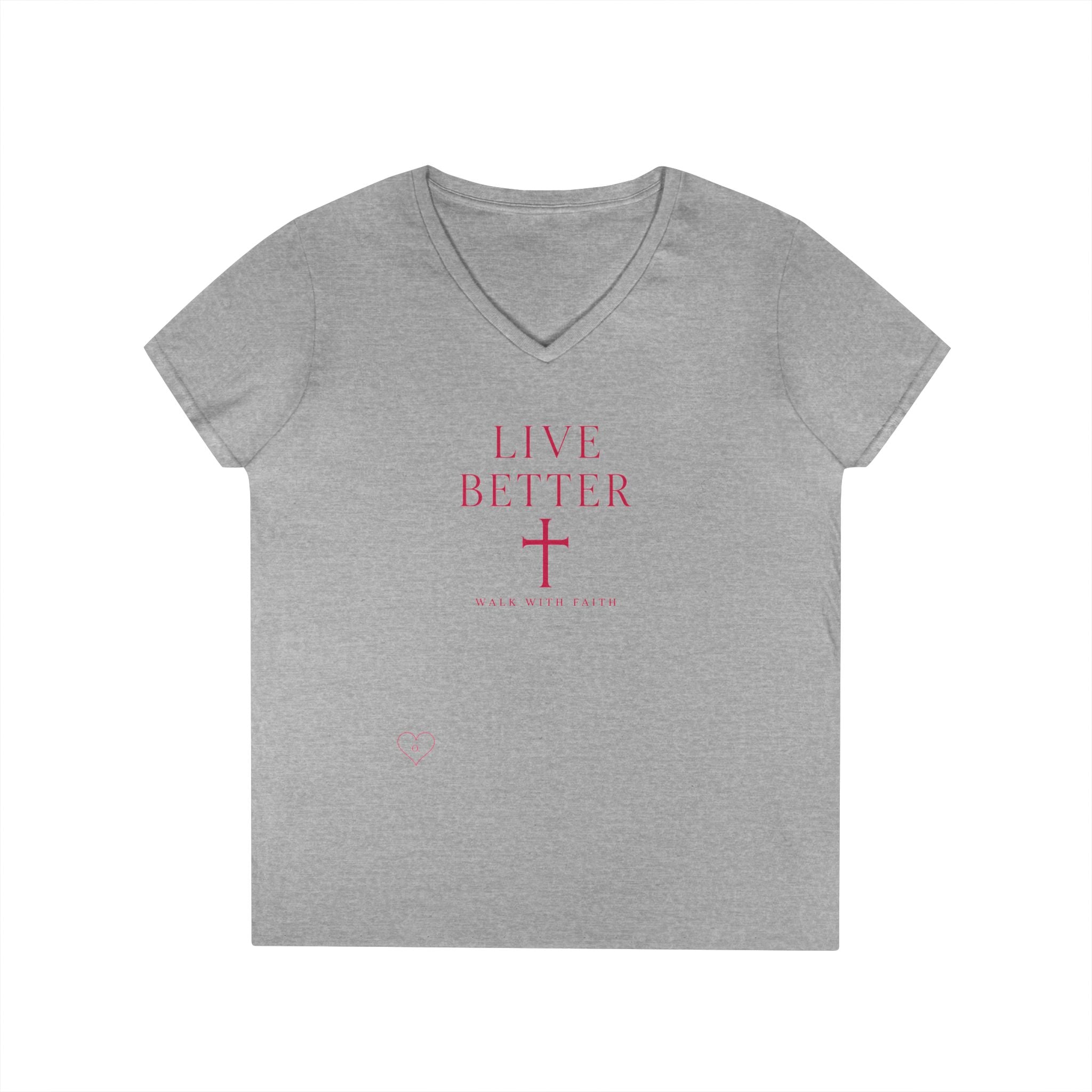 Camiseta de cuello de pico para mujer "Vive mejor, camina con fe" — Camiseta cristiana inspiradora femenina con cruz