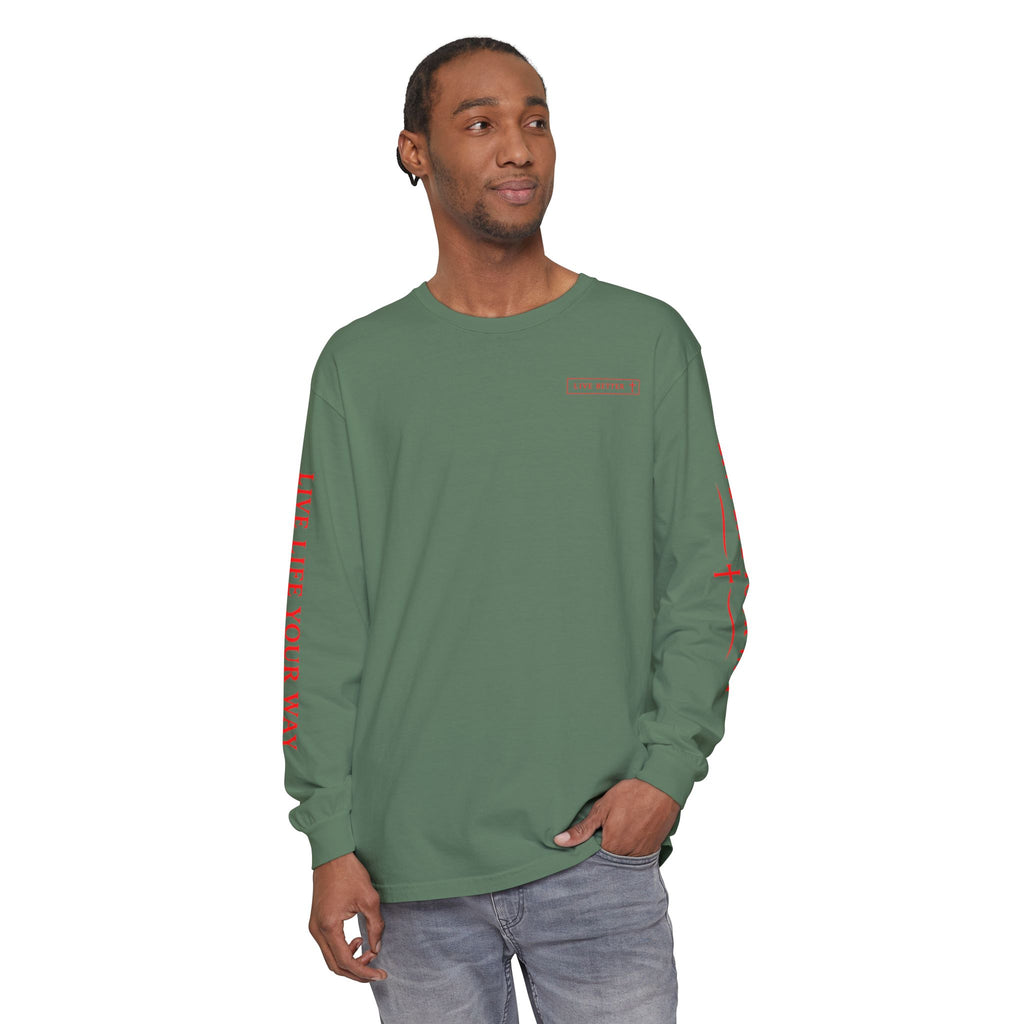 Camiseta de manga larga para hombre, Vive la vida a tu manera, Letras rojas