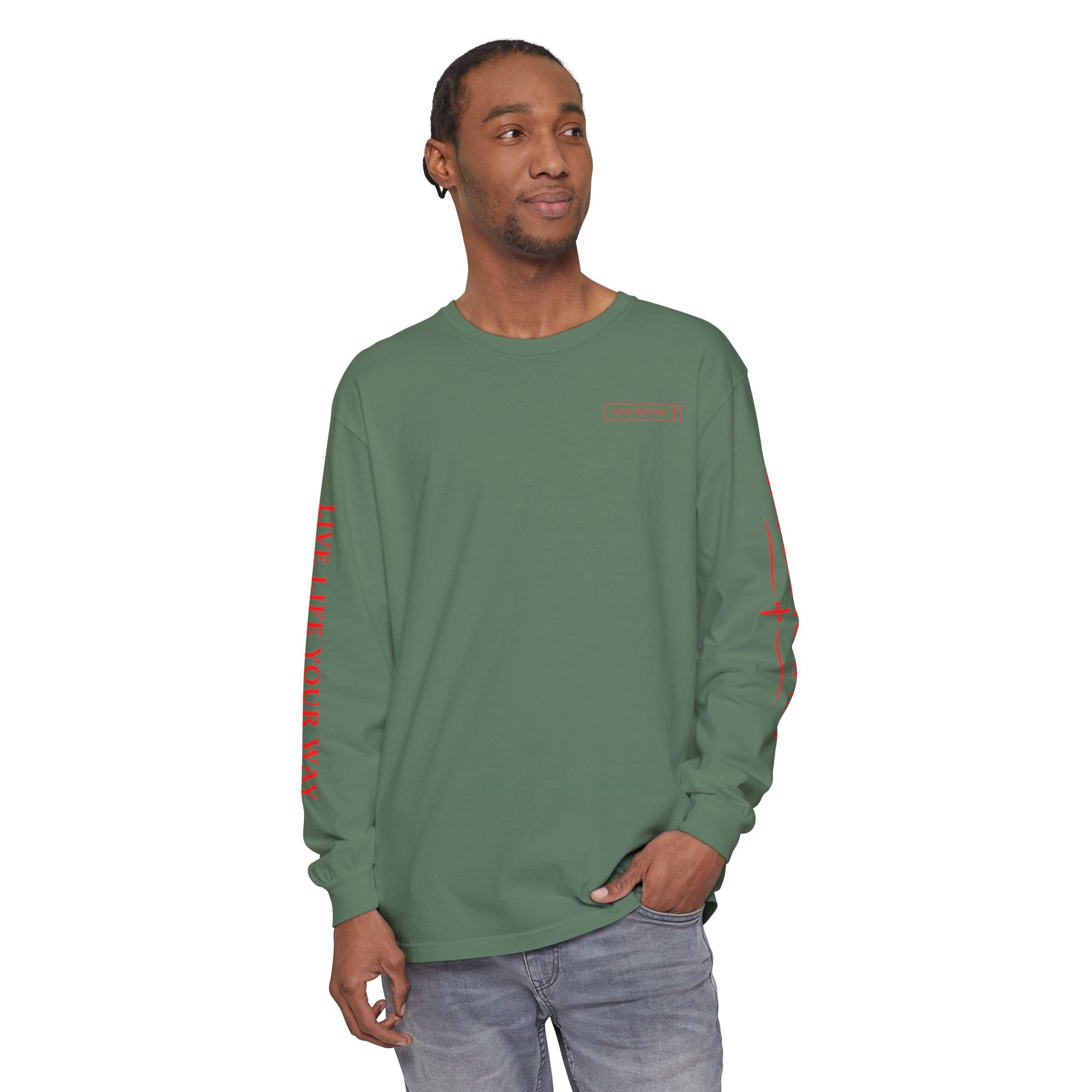Camiseta de manga larga para hombre, Vive la vida a tu manera, Letras rojas