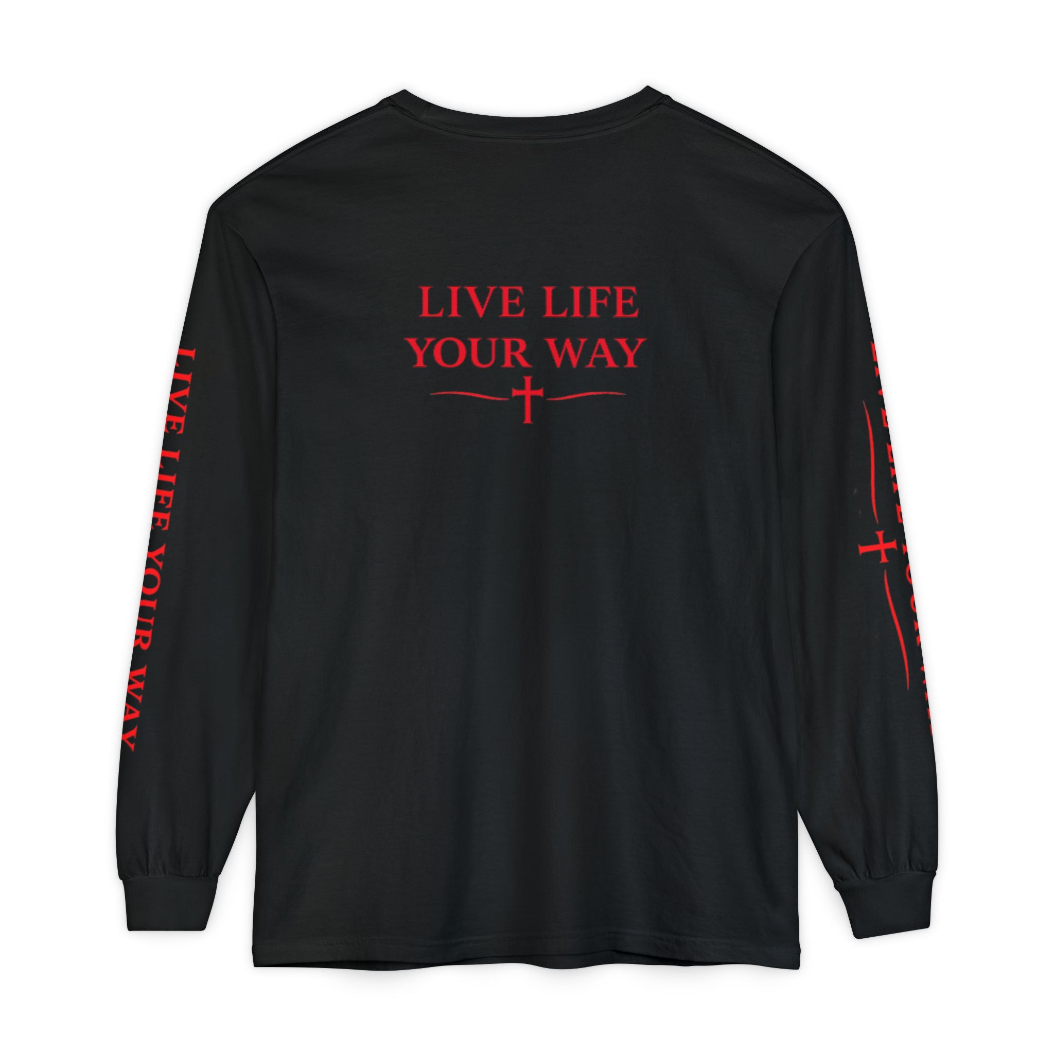 Camiseta de manga larga para hombre, Vive la vida a tu manera, Letras rojas