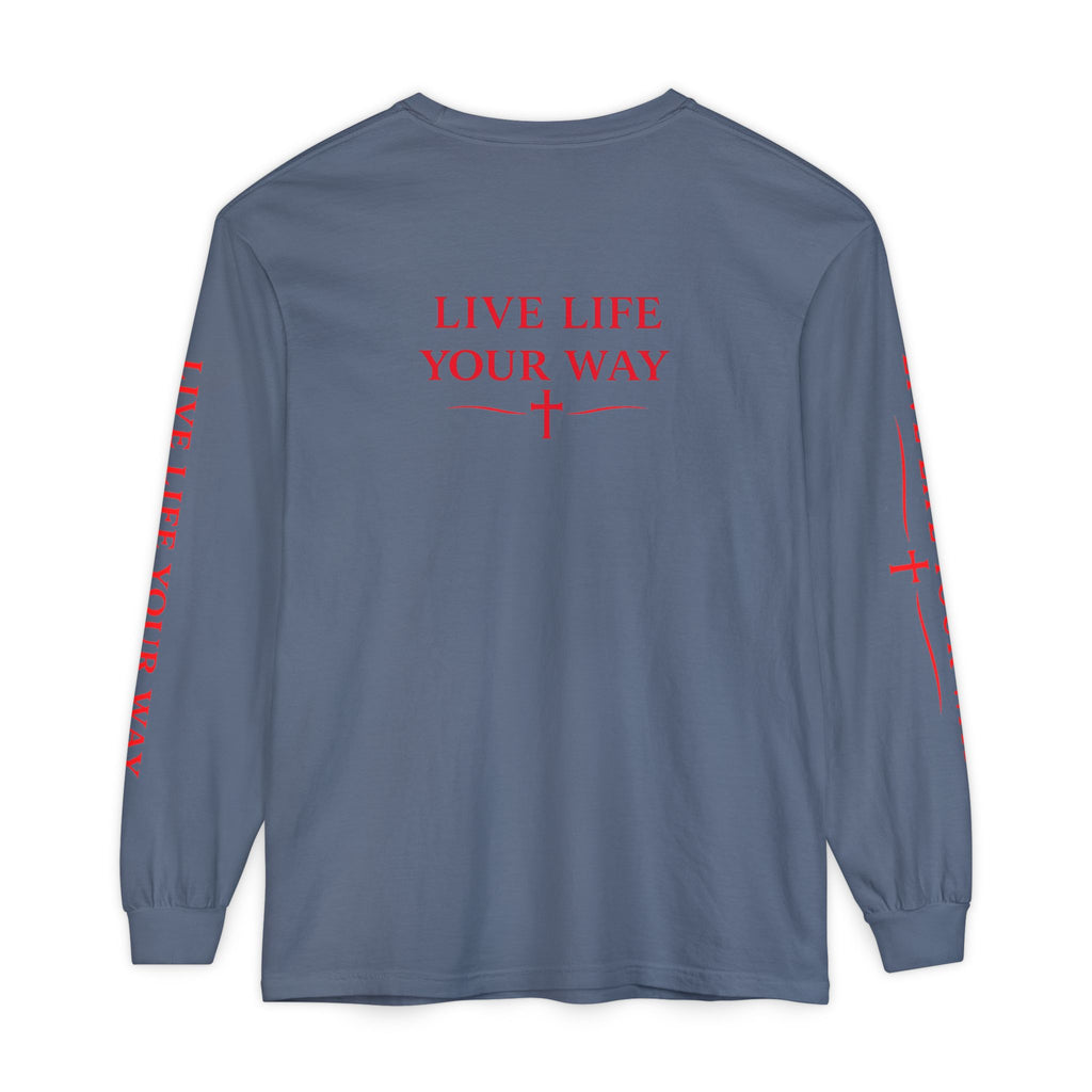 Camiseta de manga larga para hombre, Vive la vida a tu manera, Letras rojas