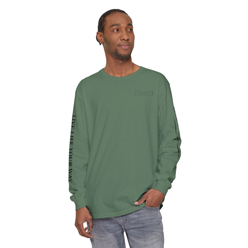 Camiseta de manga larga para hombre, "Vive la vida a tu manera", letras negras