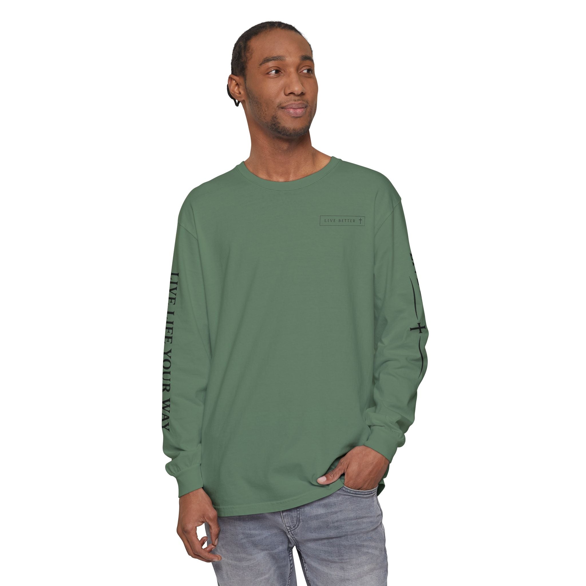 Camiseta de manga larga para hombre, "Vive la vida a tu manera", letras negras
