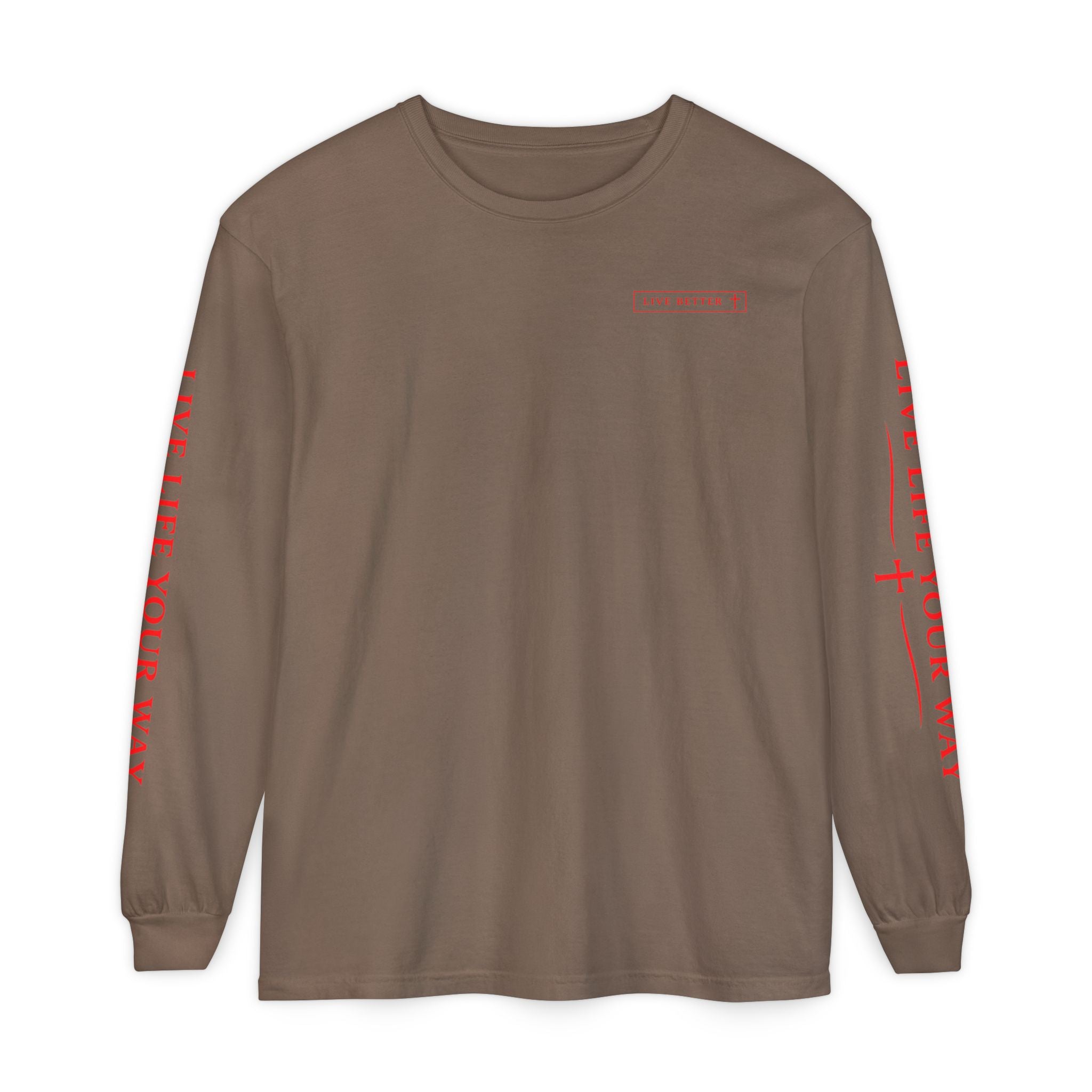 Camiseta de manga larga para hombre, Vive la vida a tu manera, Letras rojas
