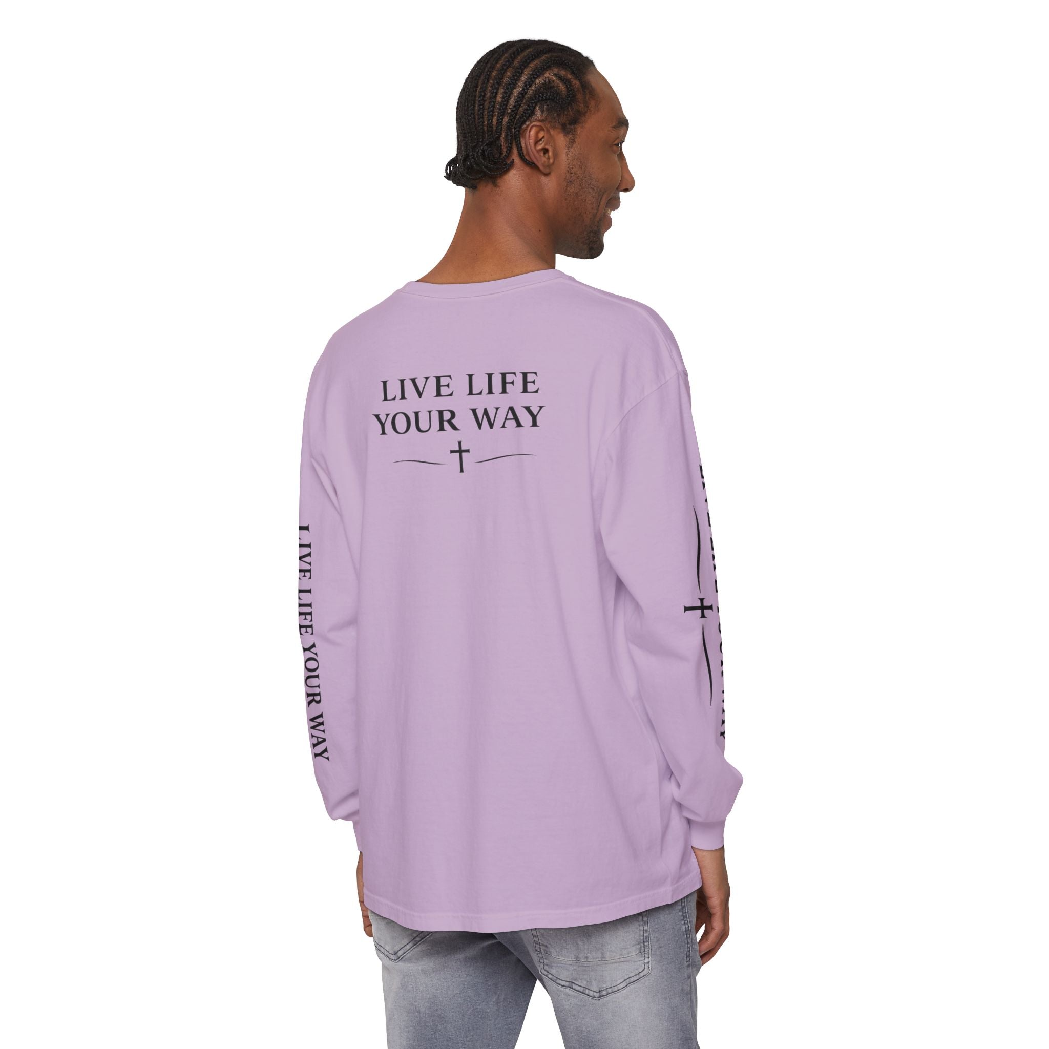 Camiseta de manga larga para hombre, "Vive la vida a tu manera", letras negras