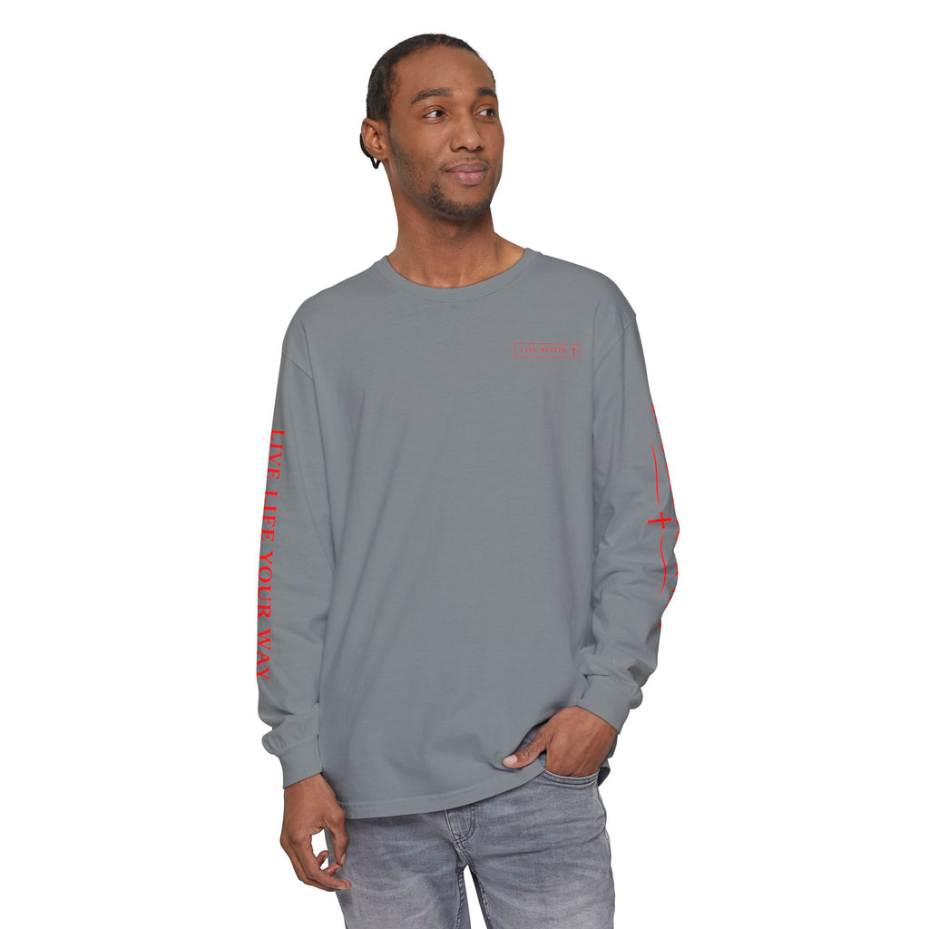 Camiseta de manga larga para hombre, Vive la vida a tu manera, Letras rojas