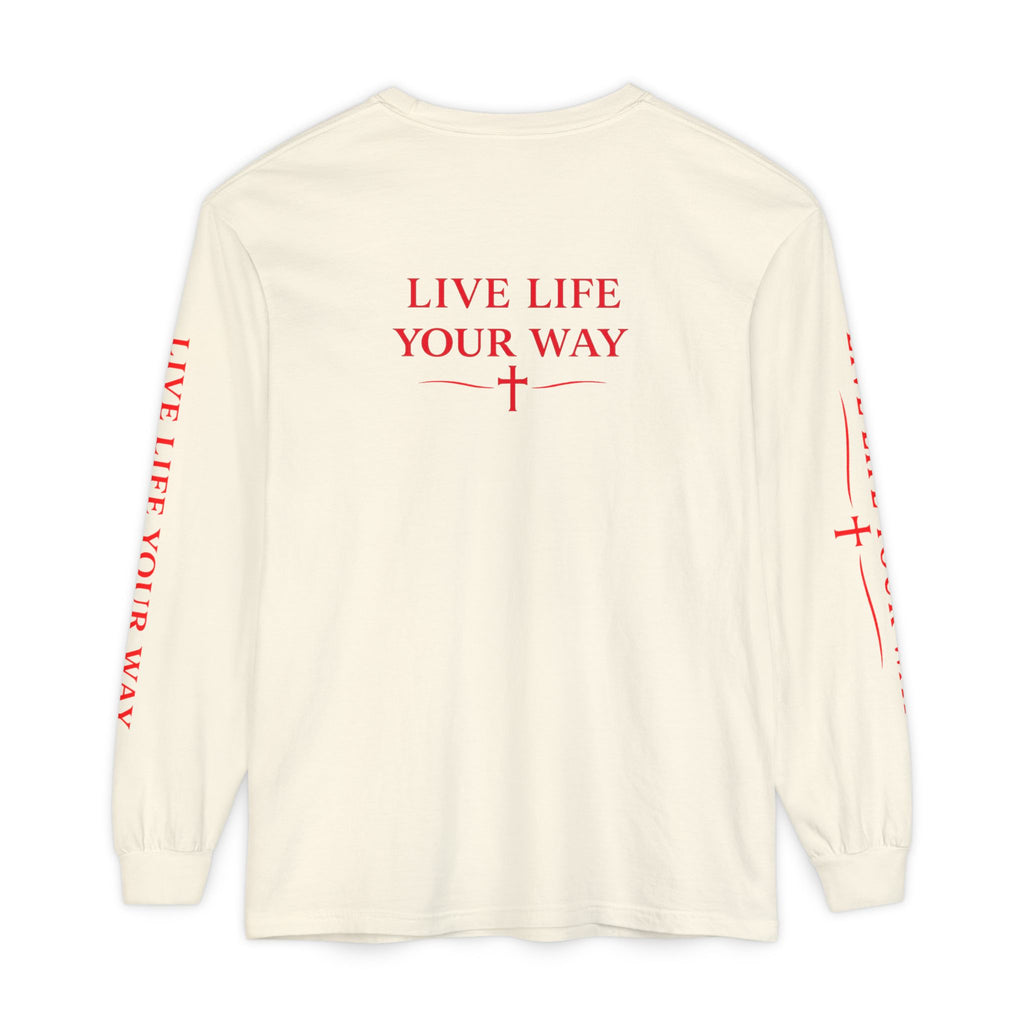 Camiseta de manga larga para hombre, Vive la vida a tu manera, Letras rojas