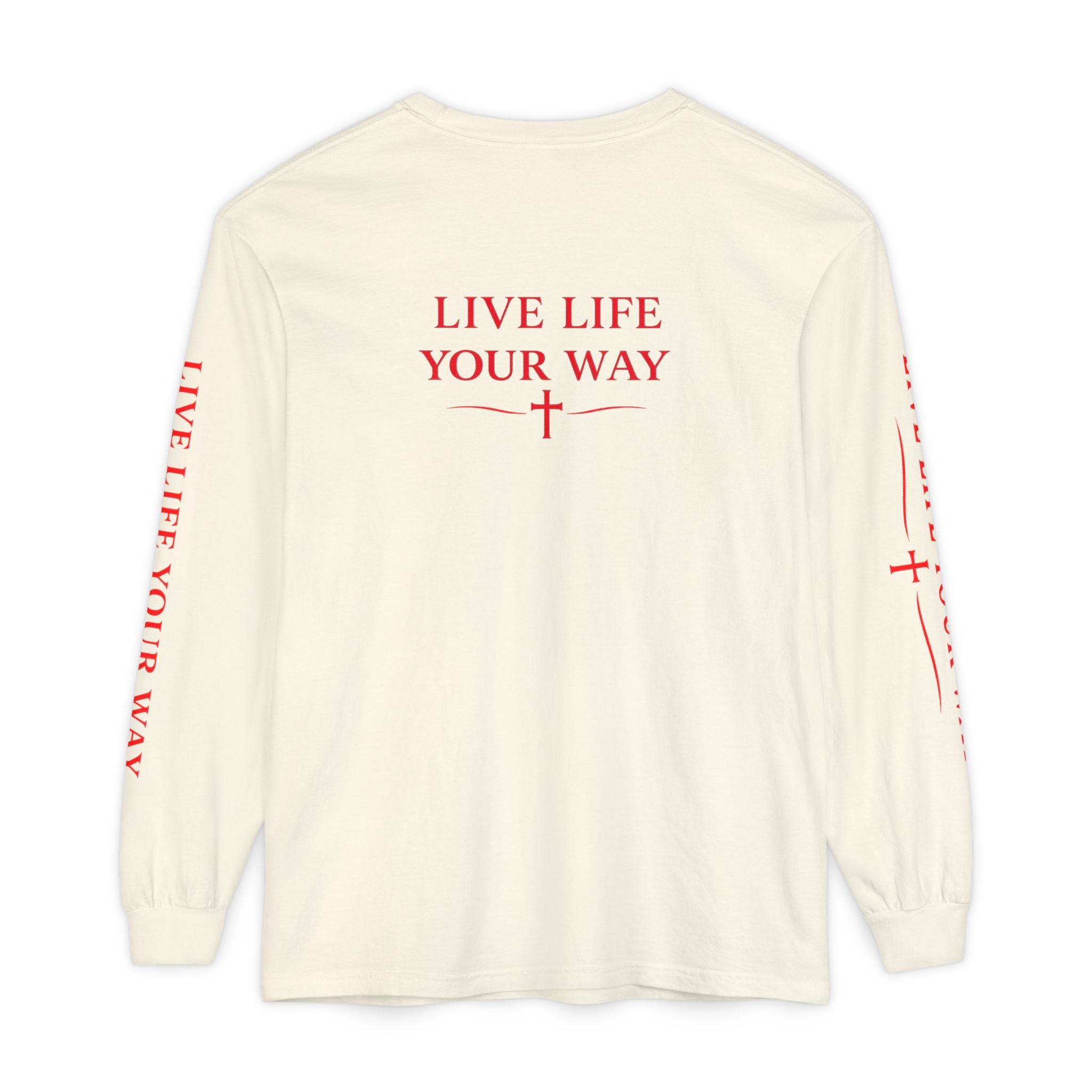 Camiseta de manga larga para hombre, Vive la vida a tu manera, Letras rojas