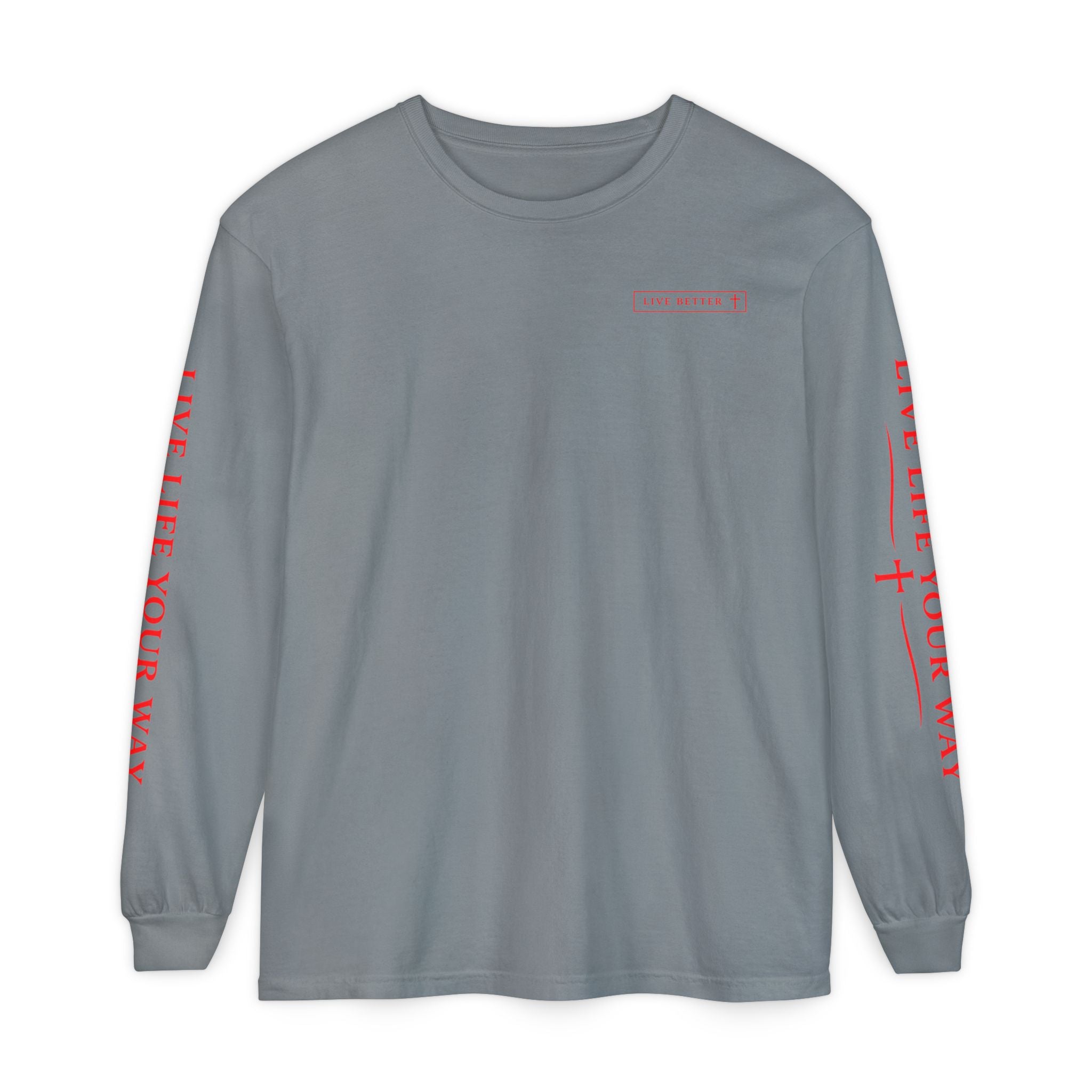 Camiseta de manga larga para hombre, Vive la vida a tu manera, Letras rojas