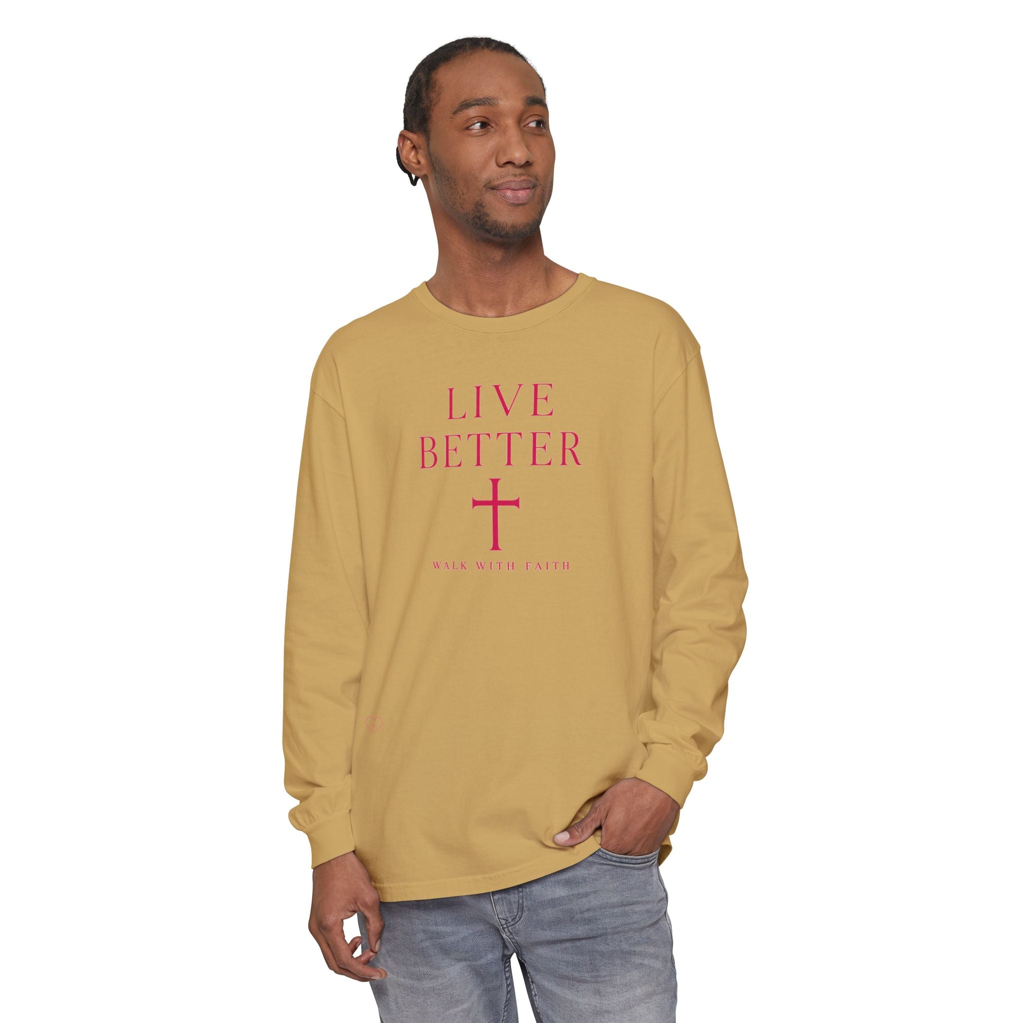 Camiseta de manga larga unisex con cruz "Vive Mejor" — Camiseta cristiana "Camina con fe"